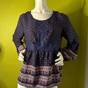 Taylor and Sage Navy/Floral Long Sleeve Blouse